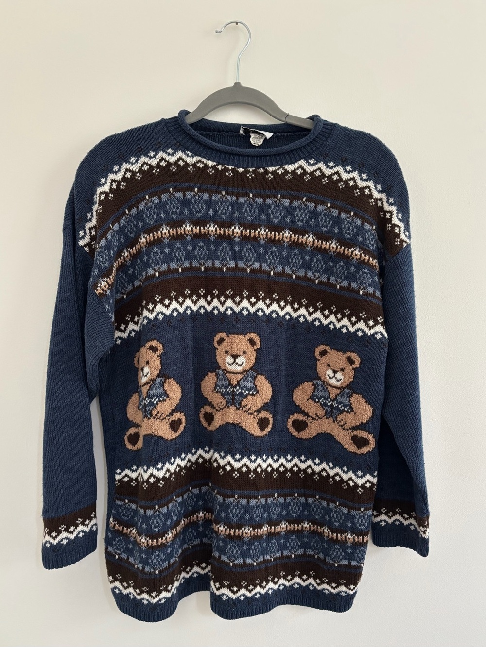 Vintage Mock Neck Fair Isle Teddy Bear Knit Sweater Pullover Size L Navy / Brown
